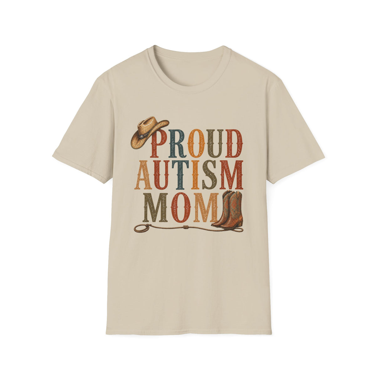 Proud Autism Mom T-Shirt — Rustic Western Cowboy Hat & Boots Design