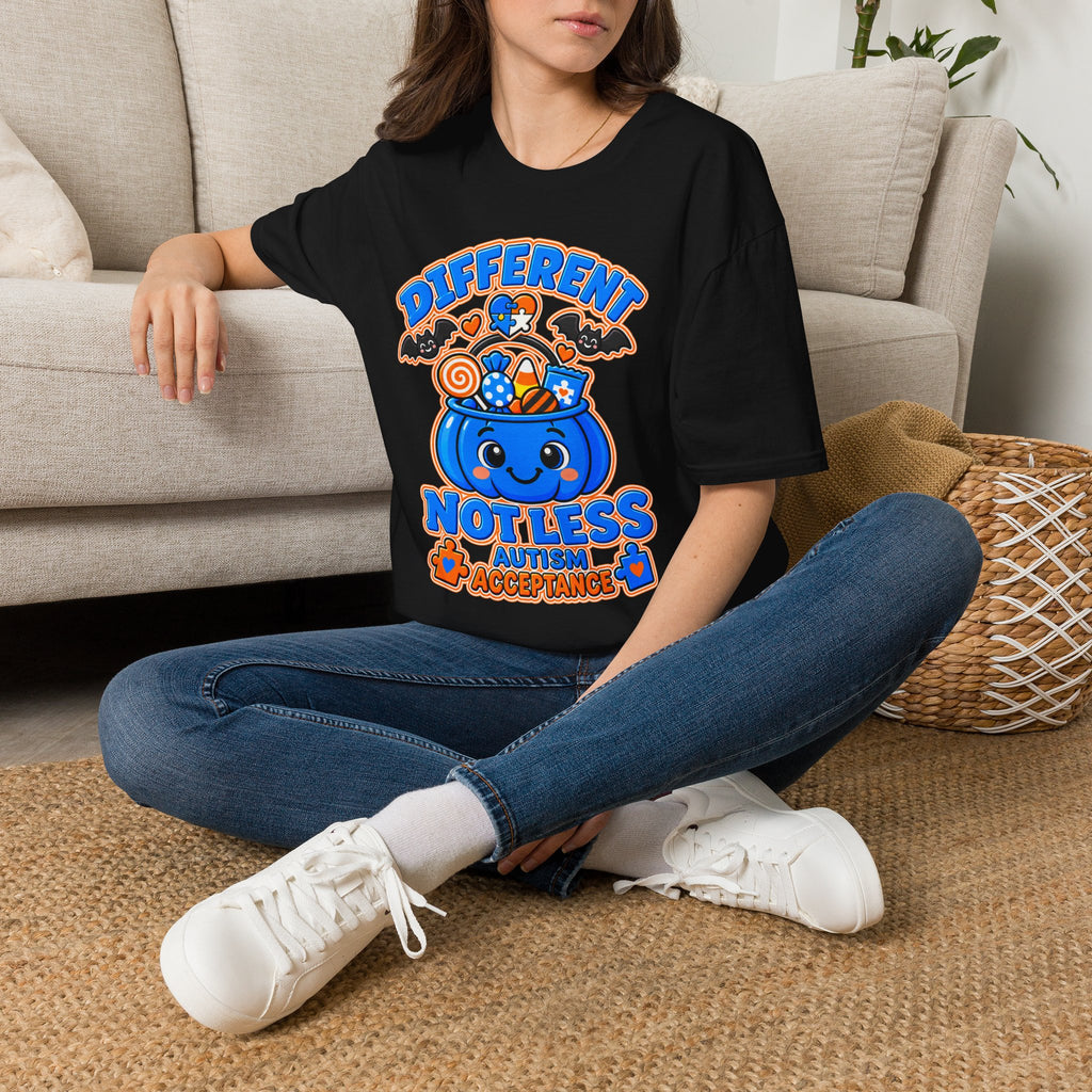 Different Not Less Halloween Shirt, Autism Acceptance Pumpkin Tee, Halloween Autism Awareness T-Shirt, Trick or Treat Bucket Gift