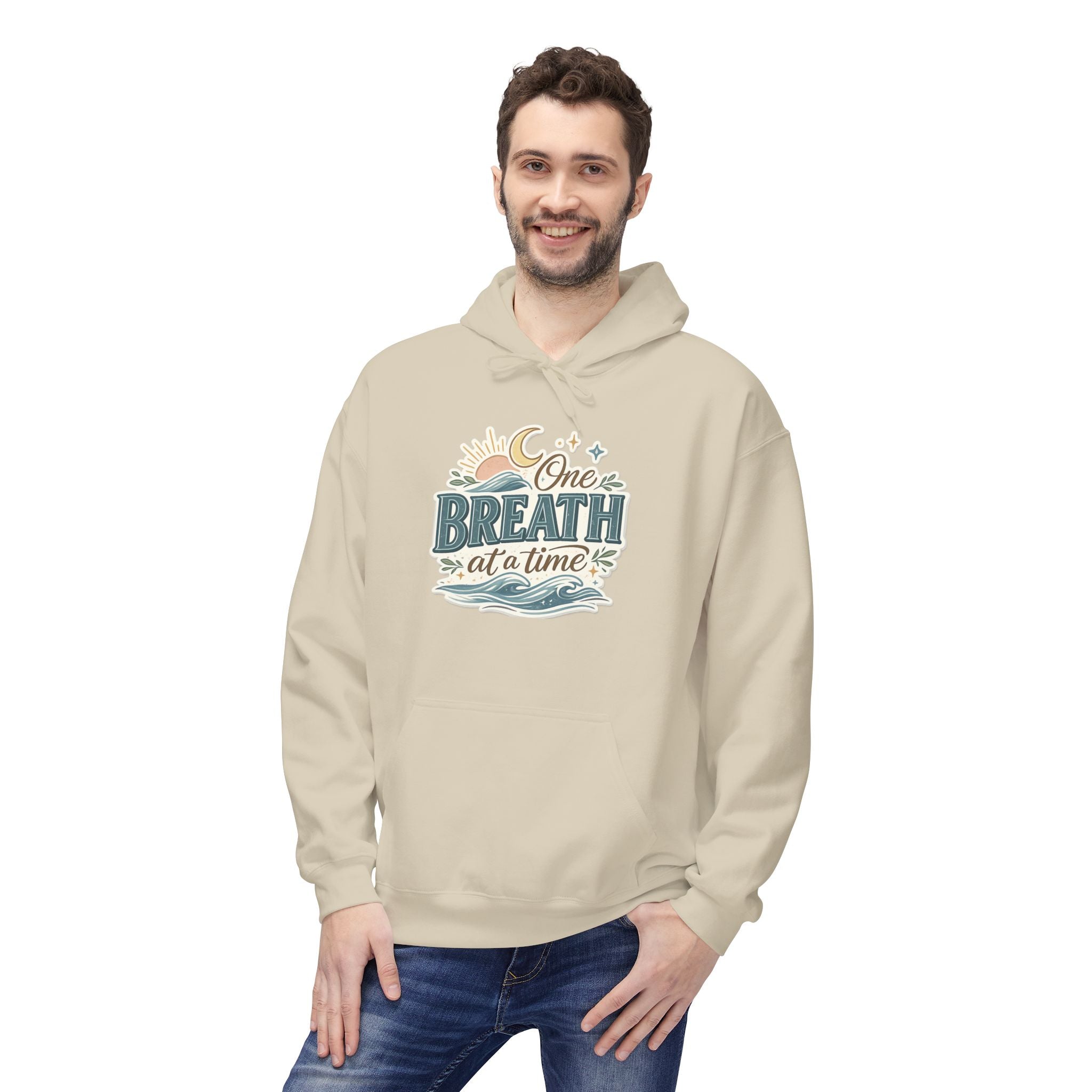 One Breath at a Time Hoodie | Ocean Waves Sun Illustration