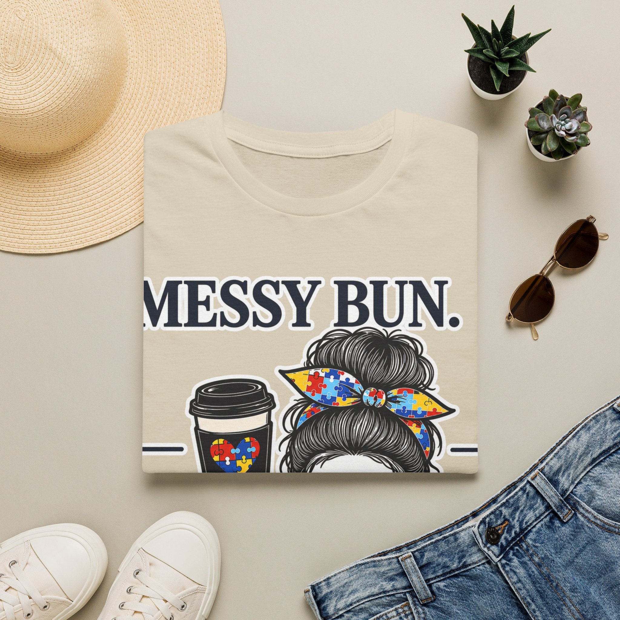 Messy Bun Coffee Mom Life Autism Acceptance Shirt | Autism Mom T-Shirt | Neurodiversity Support Tee | Special Needs Mom Gift