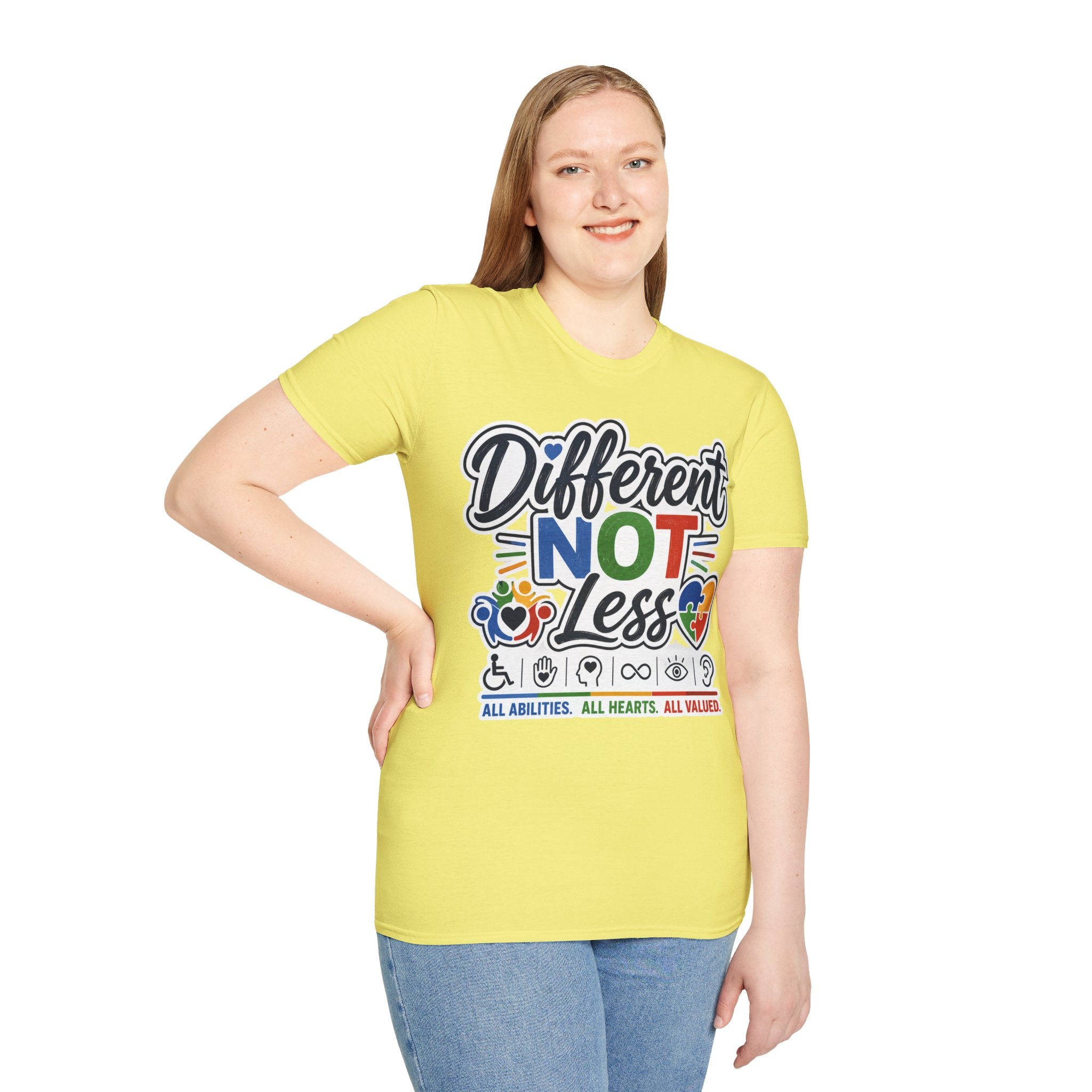 Different NOT Less T-Shirt | Disability Pride, Inclusive Rainbow Design