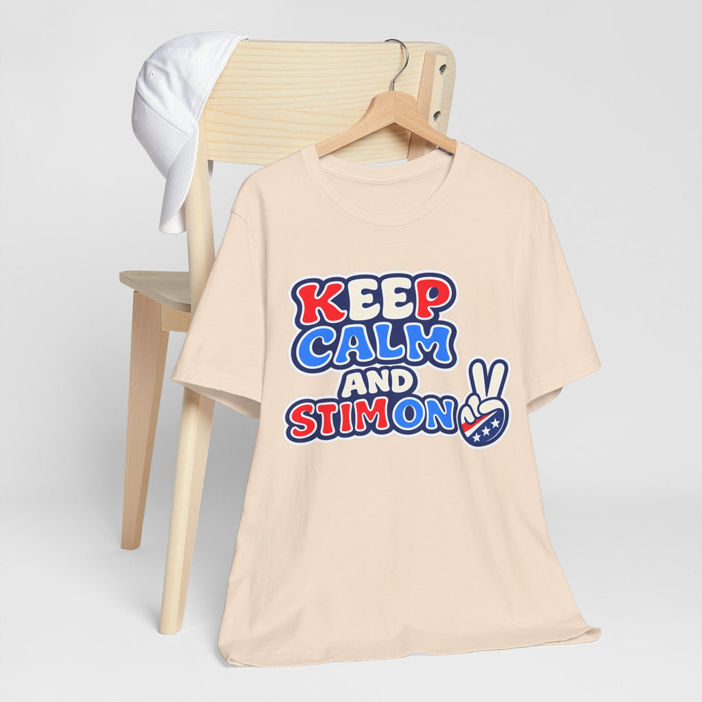 Keep Calm and Stim On Shirt Autism Awareness T Shirt Retro Peace Sign Tee Red White Blue Neurodiversity Sensory Support Gift