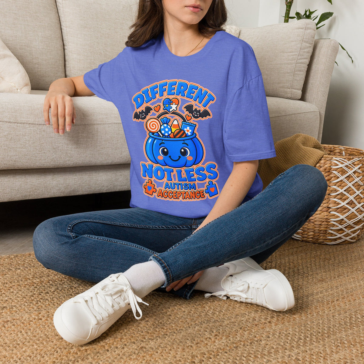 Different Not Less Halloween Shirt, Autism Acceptance Pumpkin Tee, Halloween Autism Awareness T-Shirt, Trick or Treat Bucket Gift